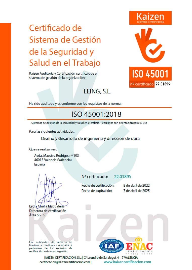 LEING - Certificado 22.0189s ISO 45001